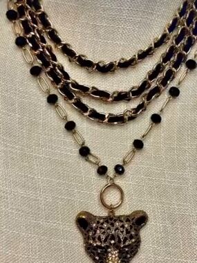Gold and Black Multi-Strand Leopard Pendant Necklace - Women Jewelry